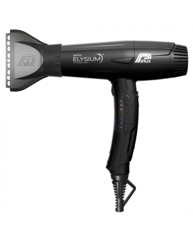 Parlux ELYSIUM phon professionale nero, compatto e leggero, in primo piano con accessorio nozzles AirFusion.