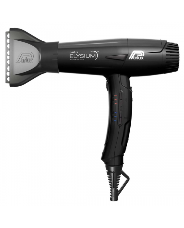 Parlux ELYSIUM phon professionale nero, compatto e leggero, in primo piano con accessorio nozzles AirFusion.